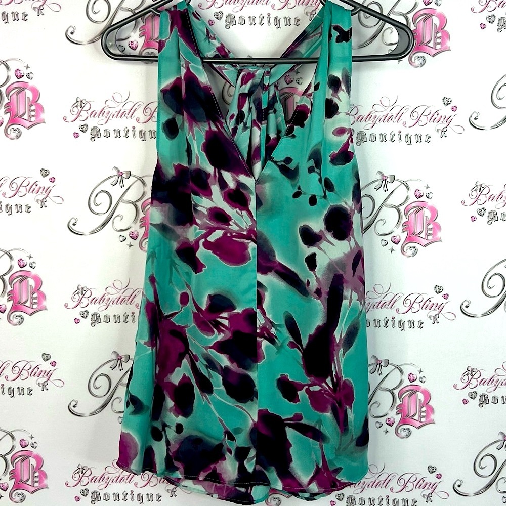 Le Chateau tank top twist back flowers flowy Teal and Purple Floral Tank Top